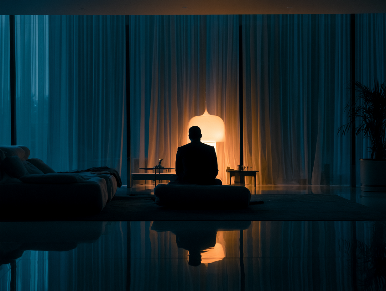 Silhouette in dark luxury interior, single warm lamp, quiet wind-down